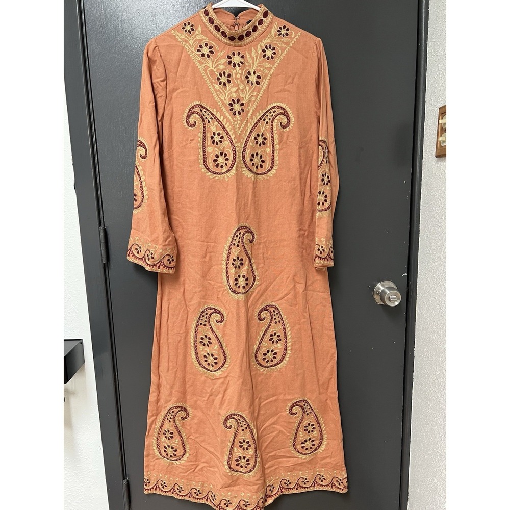 Nili Lotan Elena Paisley Embroidered Maxi Dress Sz S Cotton Linen Blend Womens